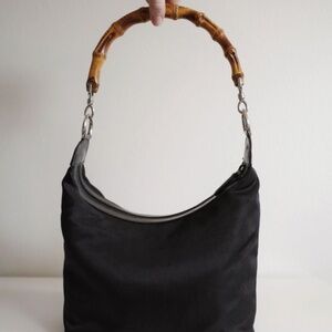 GUCCI Bamboo Shoulder Bag Nylon Black Vintage